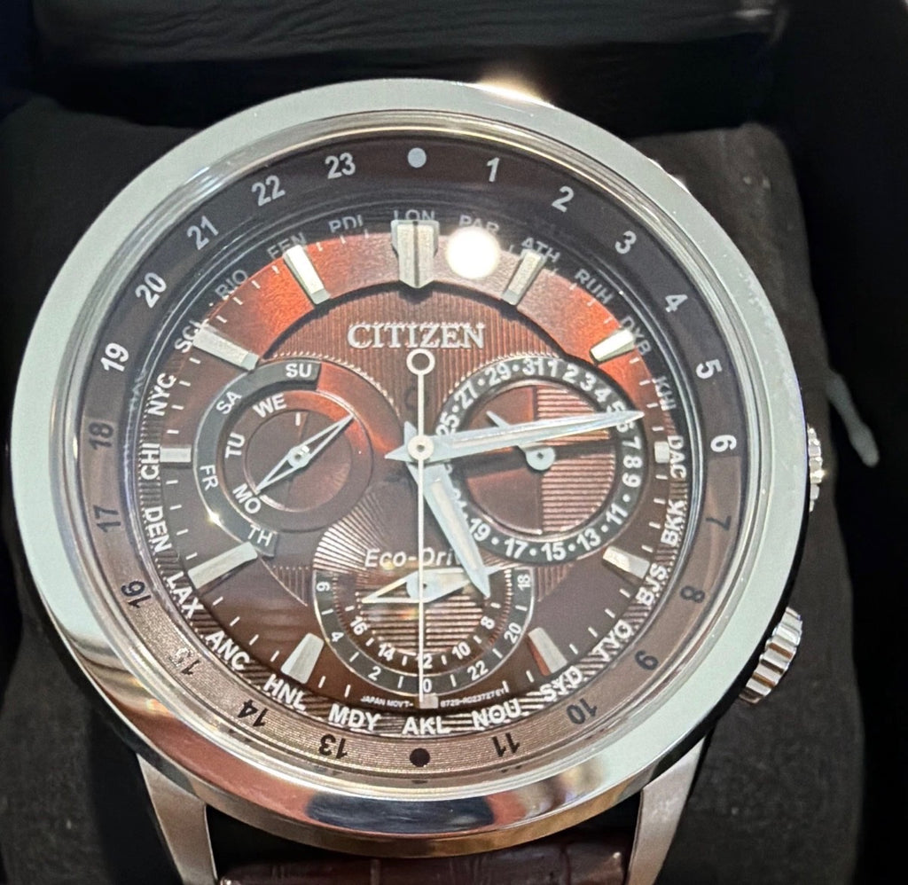 Citizen Calendrier Eco-Drive World Time Brown Dial Leather Watch – BU2020-29X - New