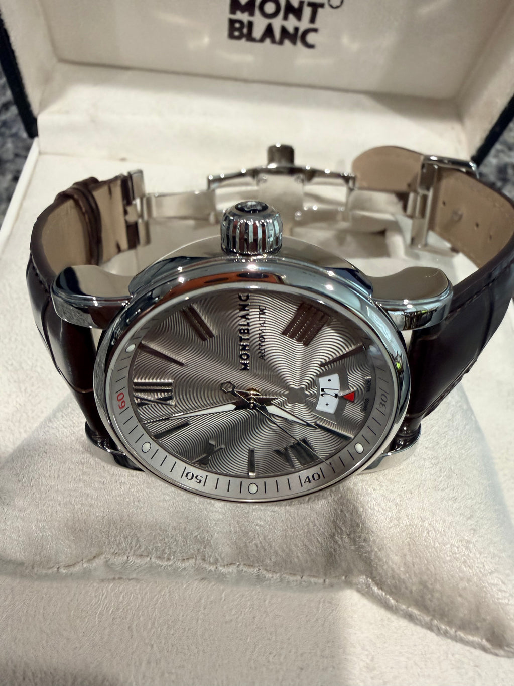 Montblanc Star Automatic Silver Guilloché Dial Brown Leather Watch – Ref. 102342 - Pre-owned