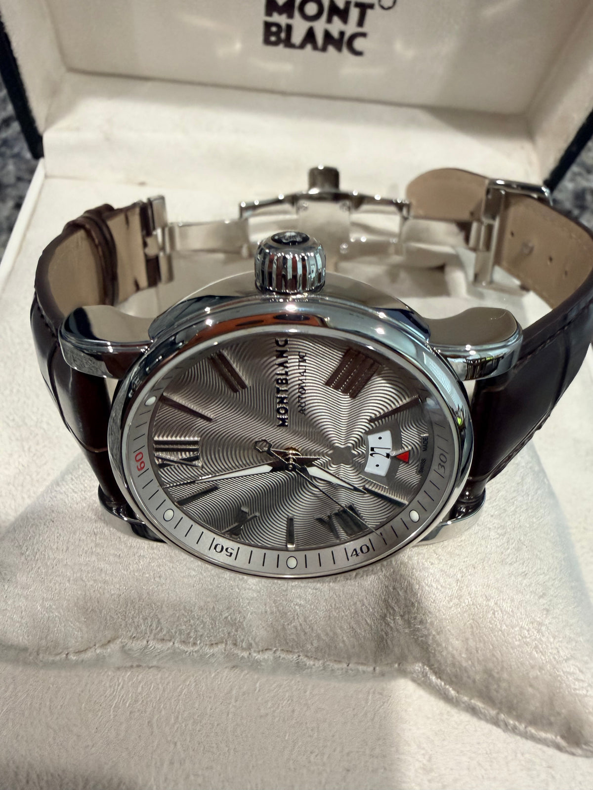 Montblanc Star Automatic Silver Guilloché Dial Brown Leather Watch – Ref. 102342 - Pre-owned