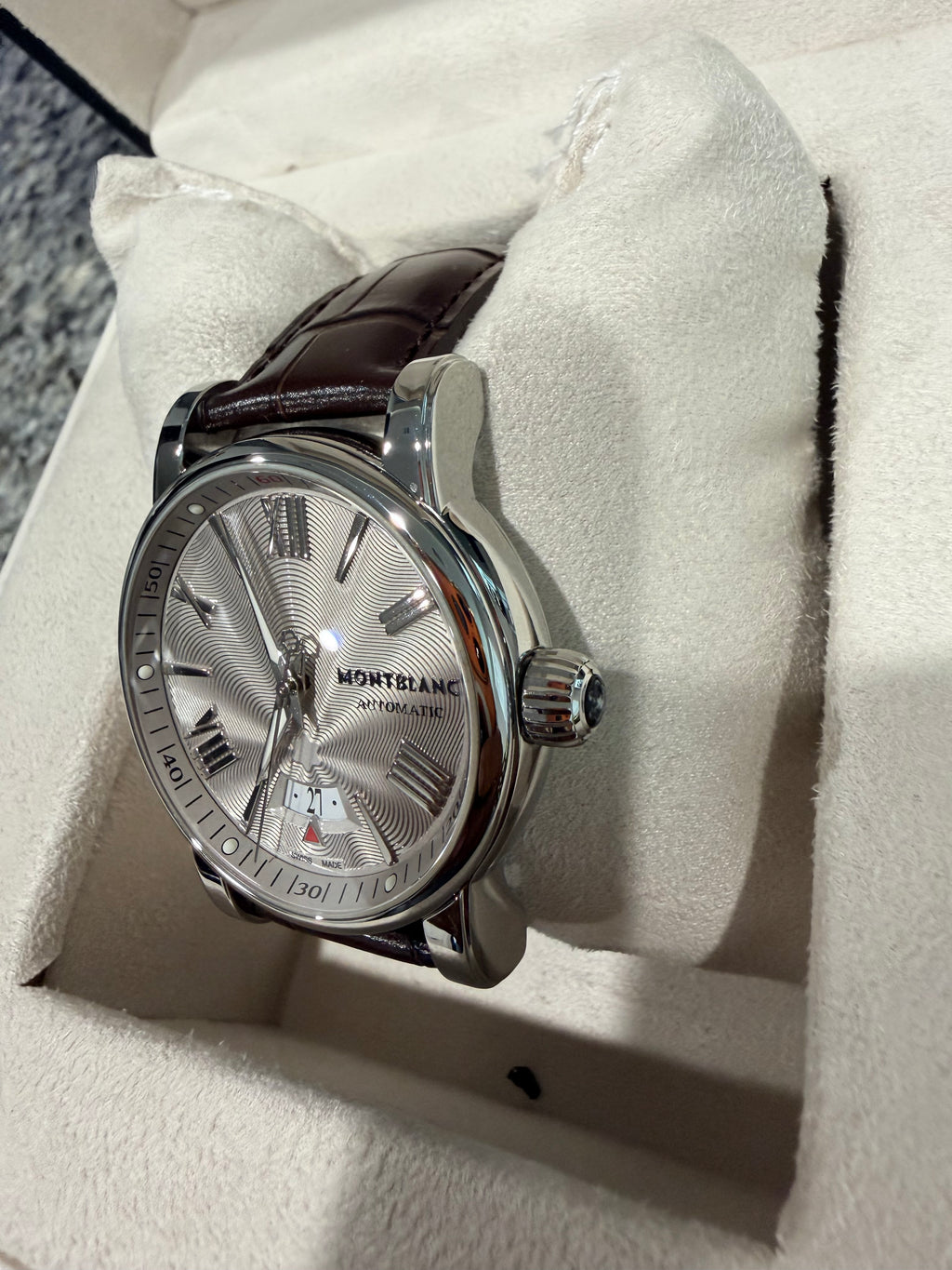 Montblanc Star Automatic Silver Guilloché Dial Brown Leather Watch – Ref. 102342 - Pre-owned