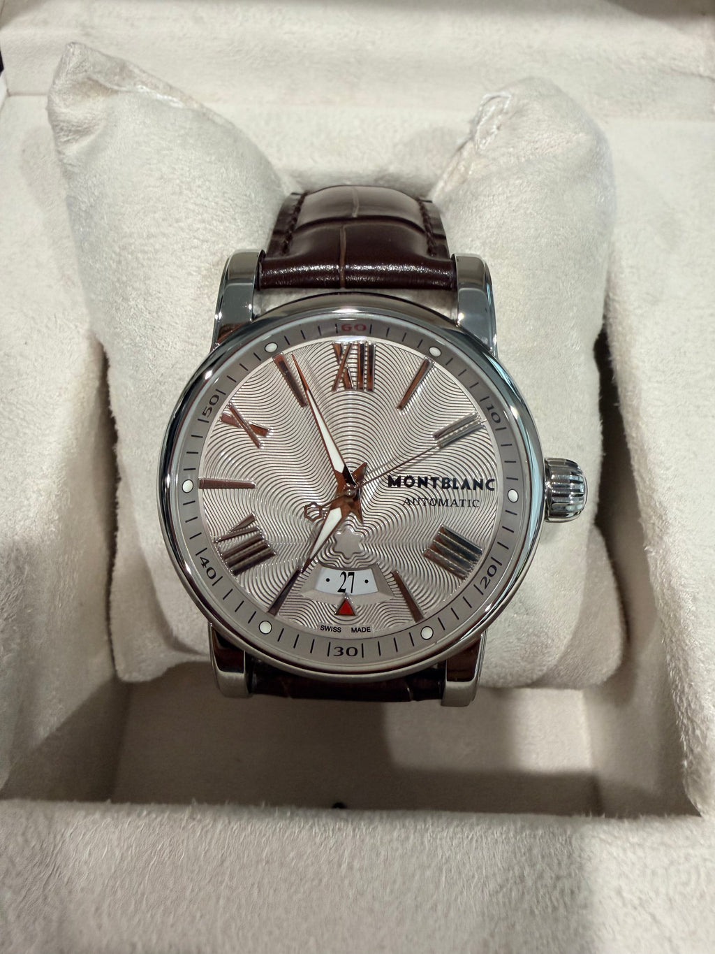 Montblanc Star Automatic Silver Guilloché Dial Brown Leather Watch – Ref. 102342 - Pre-owned