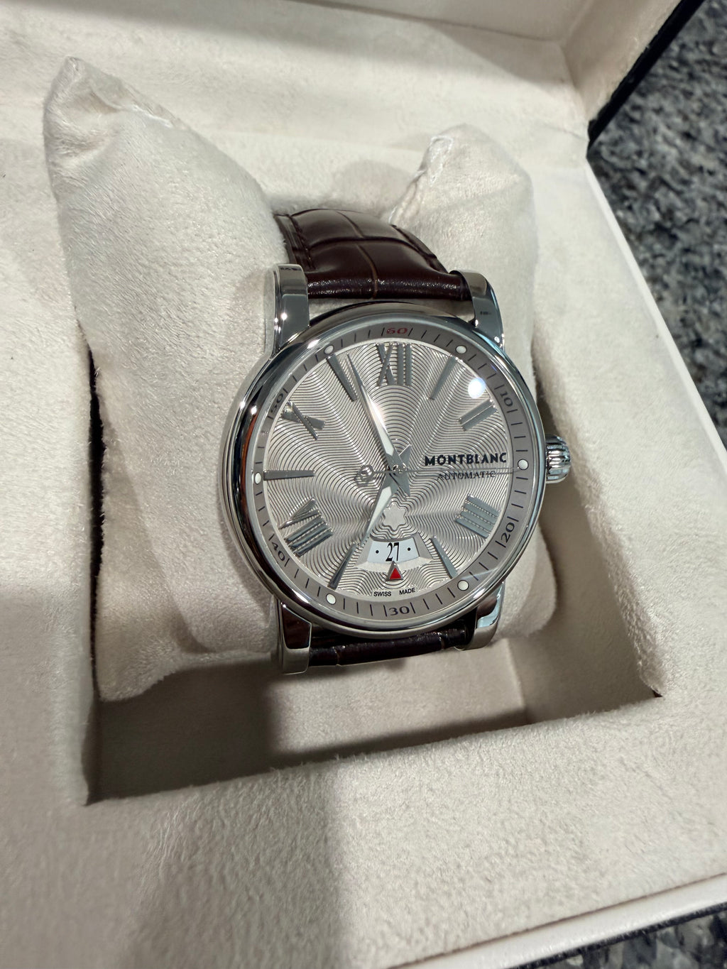 Montblanc Star Automatic Silver Guilloché Dial Brown Leather Watch – Ref. 102342 - Pre-owned