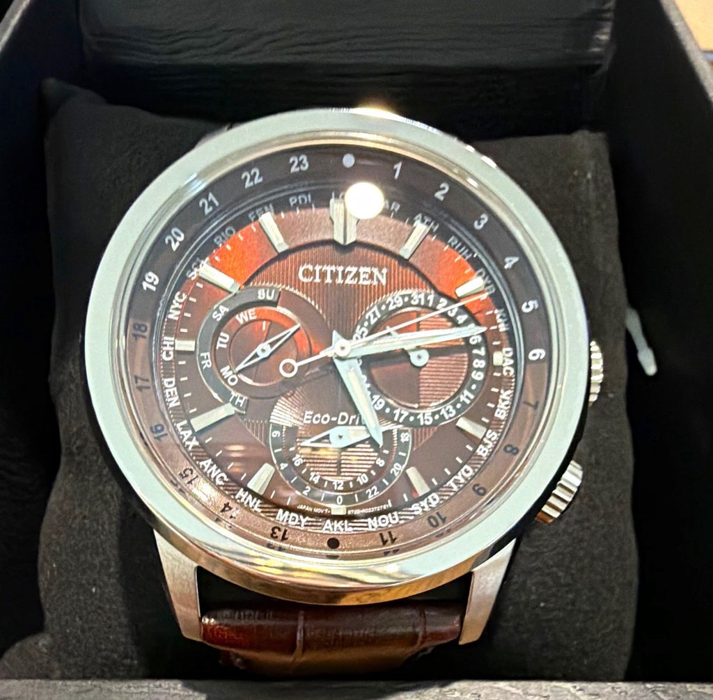 Citizen Calendrier Eco-Drive World Time Brown Dial Leather Watch – BU2020-29X - New