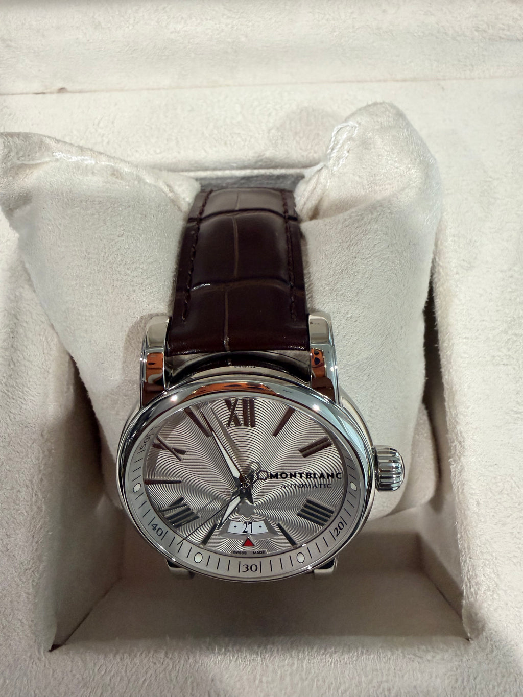 Montblanc Star Automatic Silver Guilloché Dial Brown Leather Watch – Ref. 102342 - Pre-owned