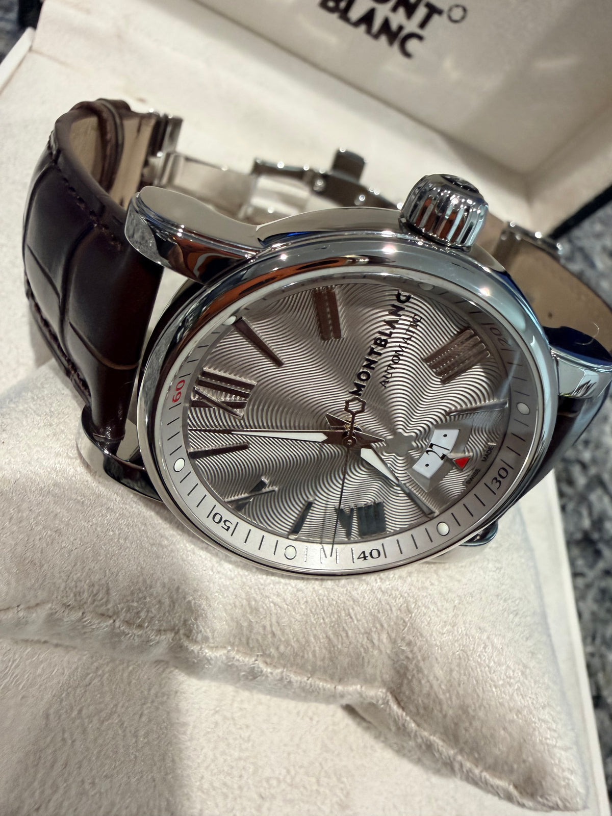 Montblanc Star Automatic Silver Guilloché Dial Brown Leather Watch – Ref. 102342 - Pre-owned